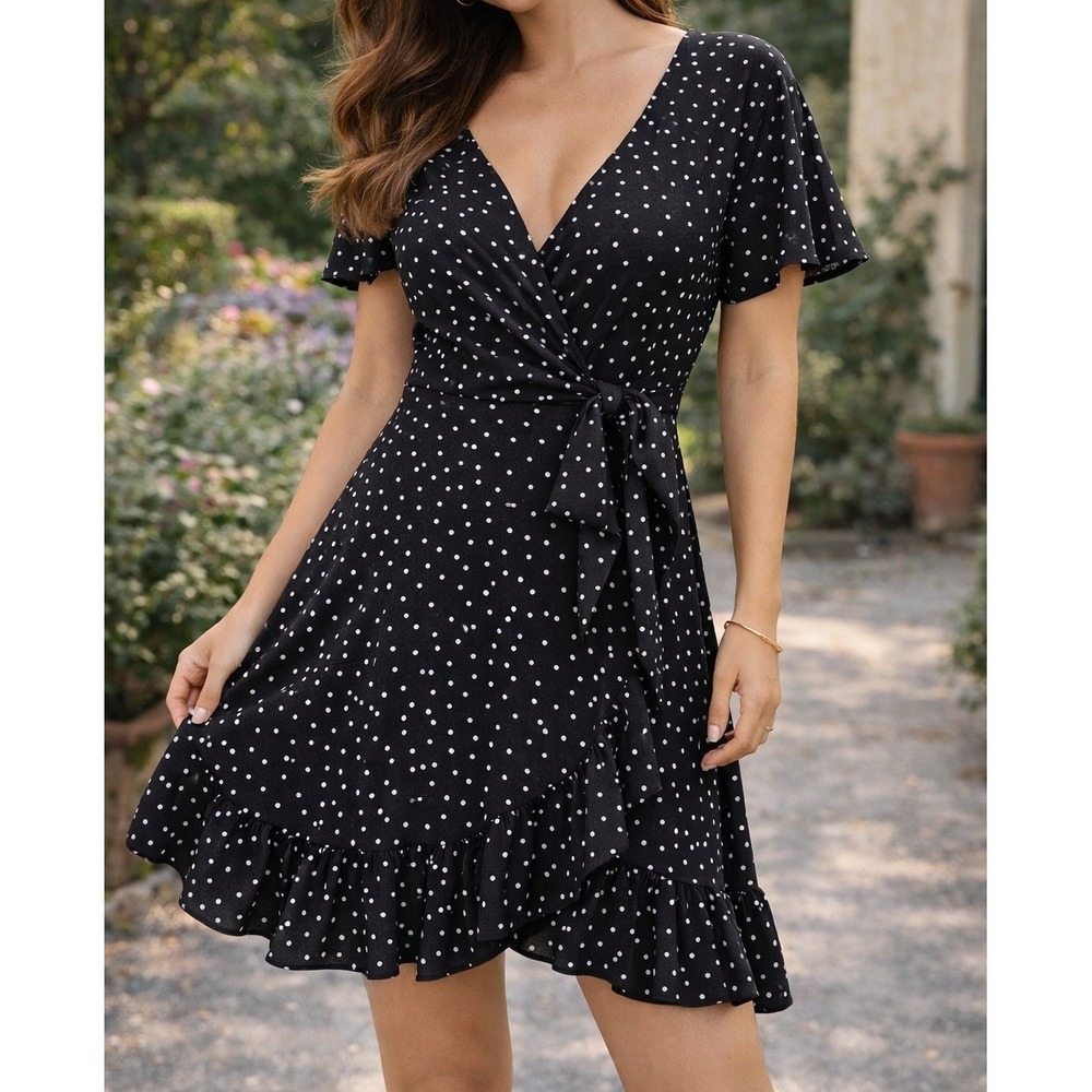 Relipop Womens Black Polka Dot Wrap Dress Short Flutter Sleeve Ruffle Hem XL